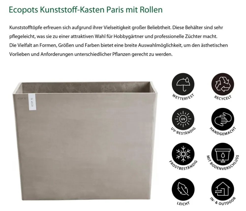 Ecopots Pflanzkübel & Blumenkästen - Kunststoff-Kasten Paris mit Rollen, rechteckig Taupe
