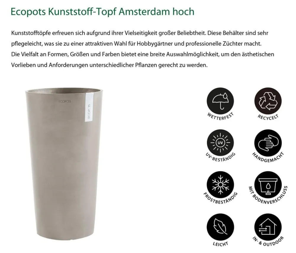 Ecopots Blumentöpfe & Übertöpfe - Kunststoff-Topf Amsterdam hoch, rund Dunkelgrau