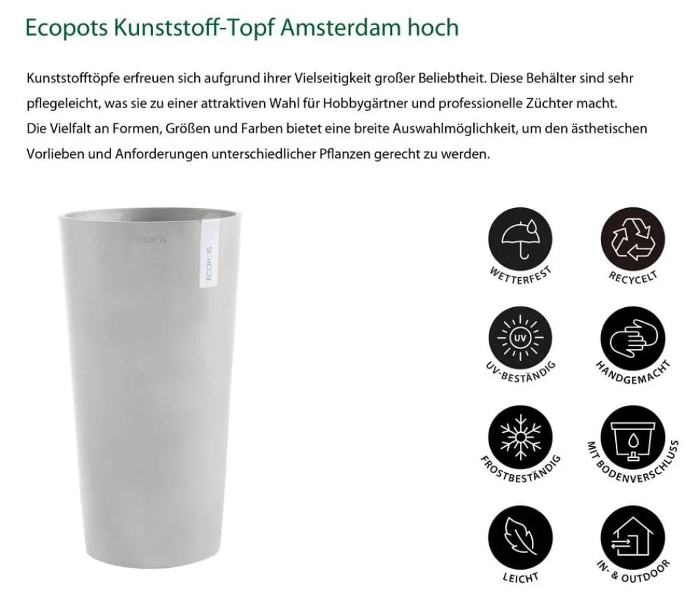 Ecopots Kunststoff-Topf Amsterdam hoch, rund Hellgrau Online