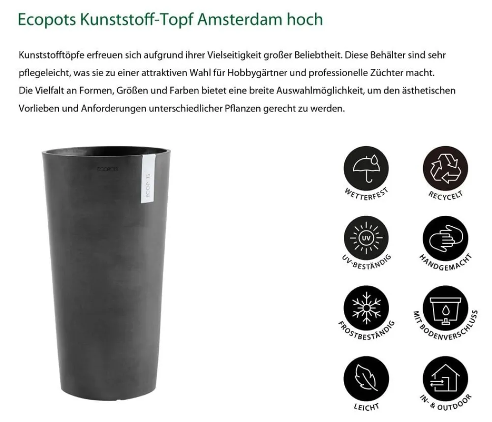 Ecopots Kunststoff-Topf Amsterdam hoch, rund Dunkelgrau Discount
