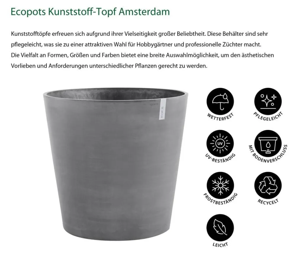Ecopots Kunststoff-Topf Amsterdam mit Rollen, rund Grau Online