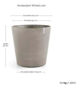 Ecopots Kunststoff-Topf Amsterdam mit Rollen, rund Taupe Clearance