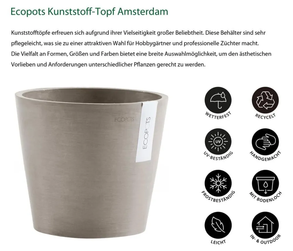 Ecopots Kunststoff-Topf Amsterdam, rund Taupe New