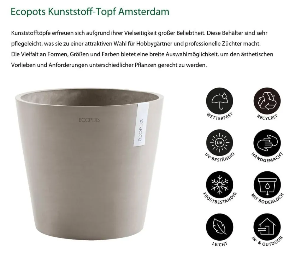 Ecopots Blumentöpfe & Übertöpfe - Kunststoff-Topf Amsterdam, rund Taupe