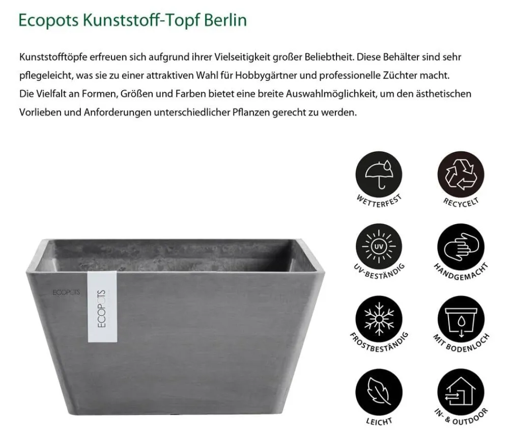 Ecopots Blumentöpfe & Übertöpfe > Kunststoff-Topf Berlin, quadratisch