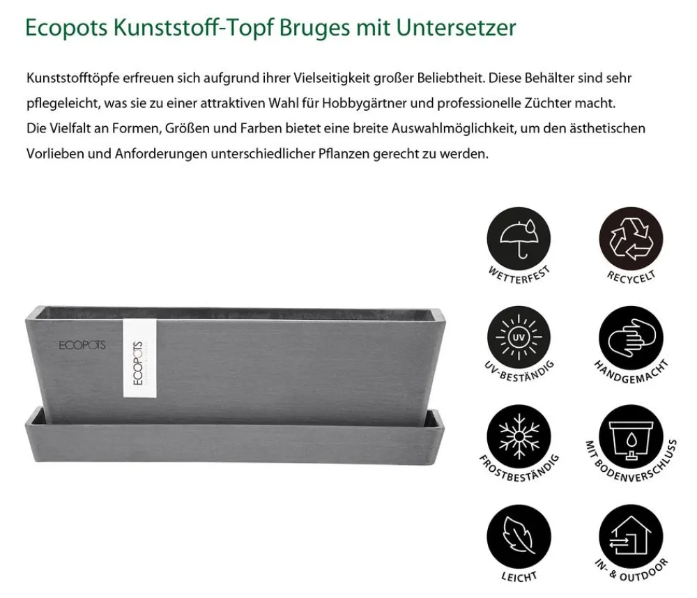 Ecopots Pflanzkübel & Blumenkästen > Kunststoff-Topf Bruges mit Untersetzer, rechteckig