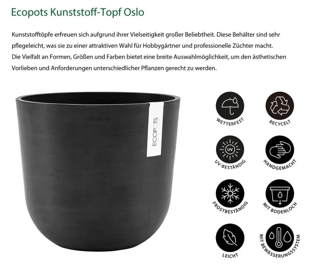 Ecopots Kunststoff-Topf Oslo mit Wassersystem, rund Dunkelgrau Clearance