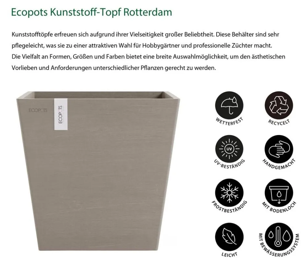 Ecopots Kunststoff-Topf Rotterdam mit Wassersystem, quadratisch Taupe Online