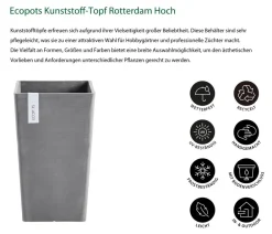 Ecopots Vasen|Blumentöpfe & Übertöpfe - Kunststoff-Topf Rotterdam Hoch, quadratisch Grau