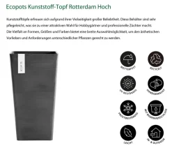 Ecopots Vasen|Blumentöpfe & Übertöpfe - Kunststoff-Topf Rotterdam Hoch, quadratisch Dunkelgrau