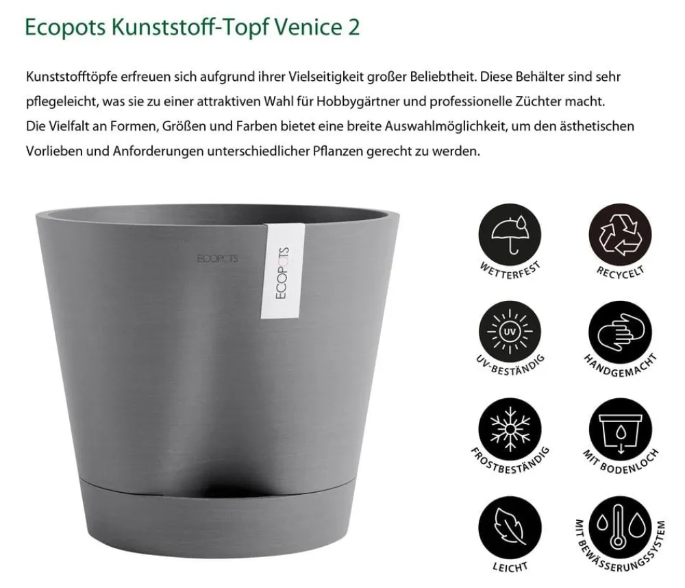 Ecopots Blumentöpfe & Übertöpfe - Kunststoff-Topf Venice 2, rund Grau