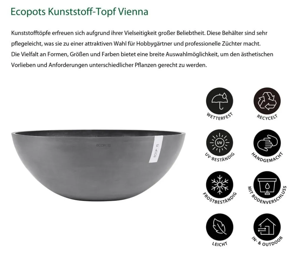 Ecopots Pflanzkübel & Blumenkästen - Kunststoff-Topf Vienna, oval Grau