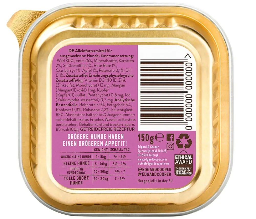 Edgard & Cooper® Nassfutter Hund - Edgard & Cooper Nassfutter für Hunde, Köstliches Wild & Ente Adult, 11 x 150 g