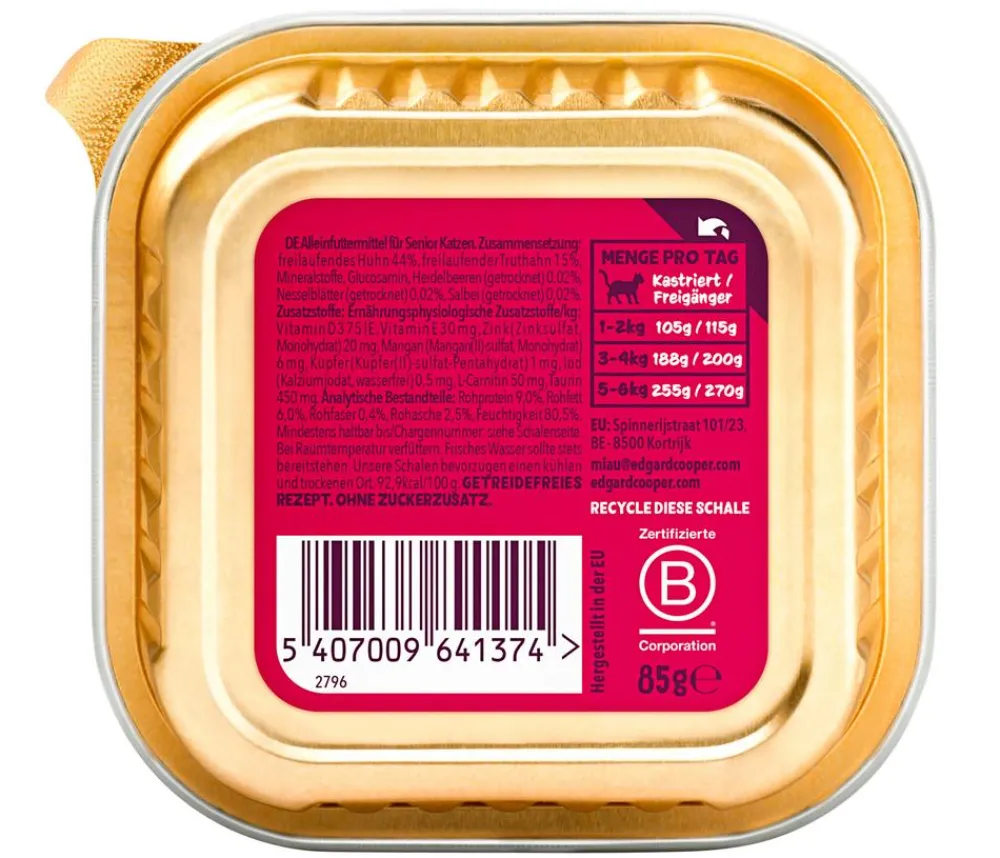 Edgard & Cooper® Edgard & Cooper Nassfutter für Katzen Freilaufhuhn & Freilauftruthahn Paté, Senior, 16 x 85 g Hot