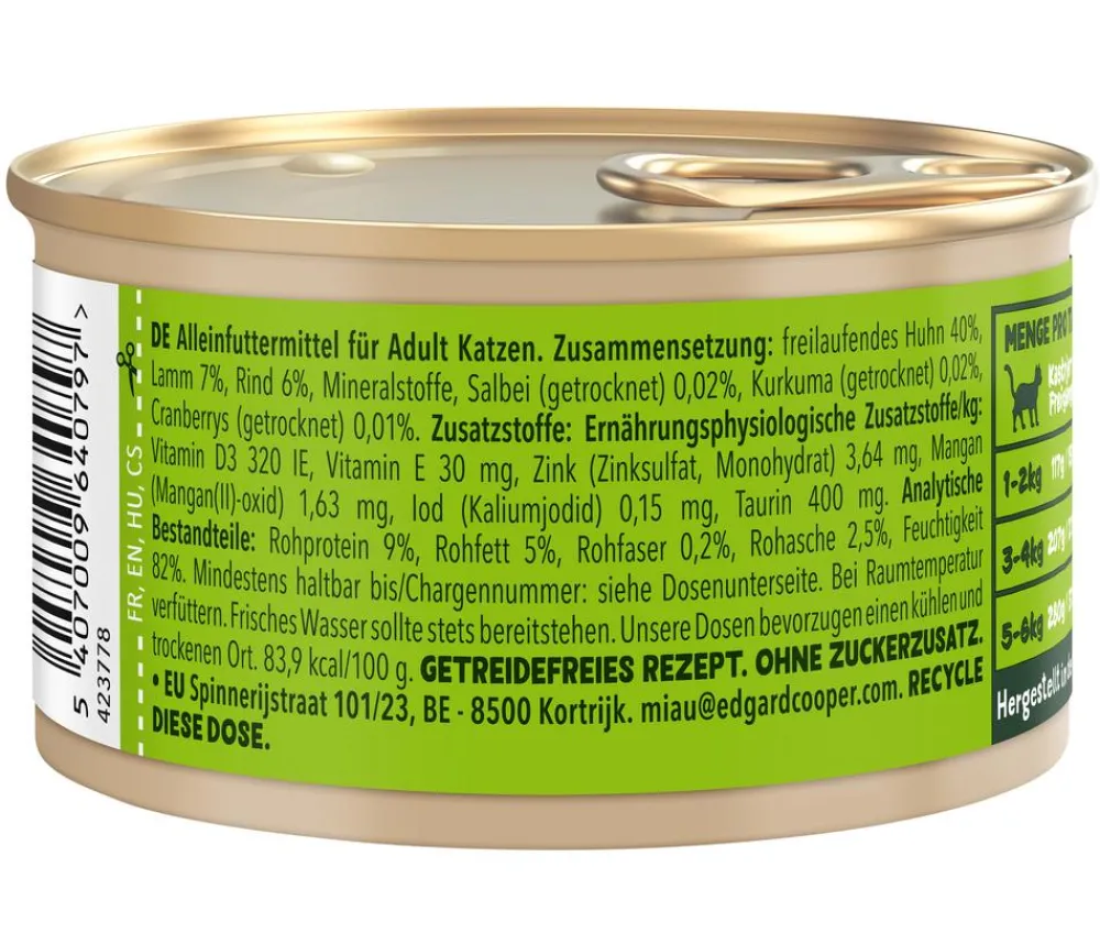 Edgard & Cooper® Nassfutter Katze > Edgard & Cooper Nassfutter für Katzen Lamm & Freilandhuhn Stückchen in Soße Adult, 18 x 85 g