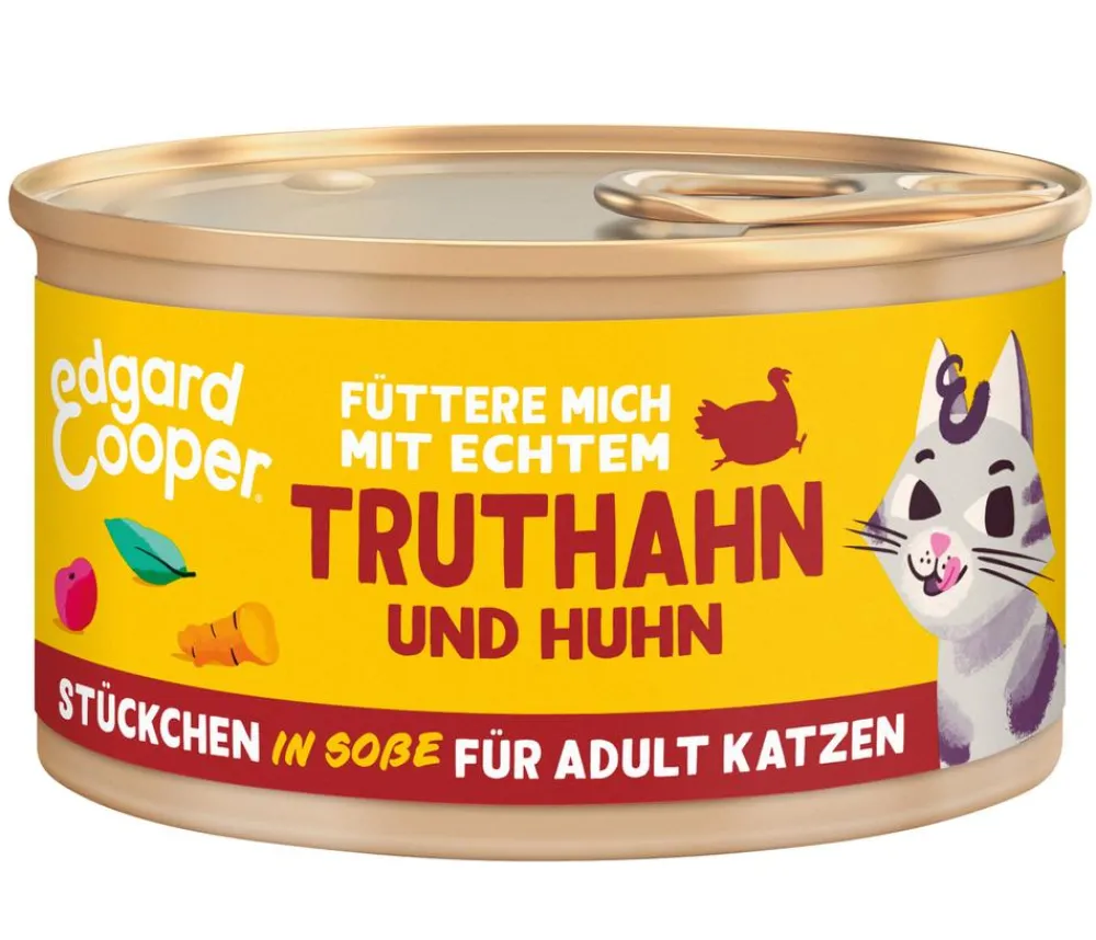 Edgard & Cooper® Nassfutter Katze - Edgard & Cooper Nassfutter für Katzen Freilauftruthahn & Freilaufhuhn Stückchen in Soße Adult, 18 x 85 g