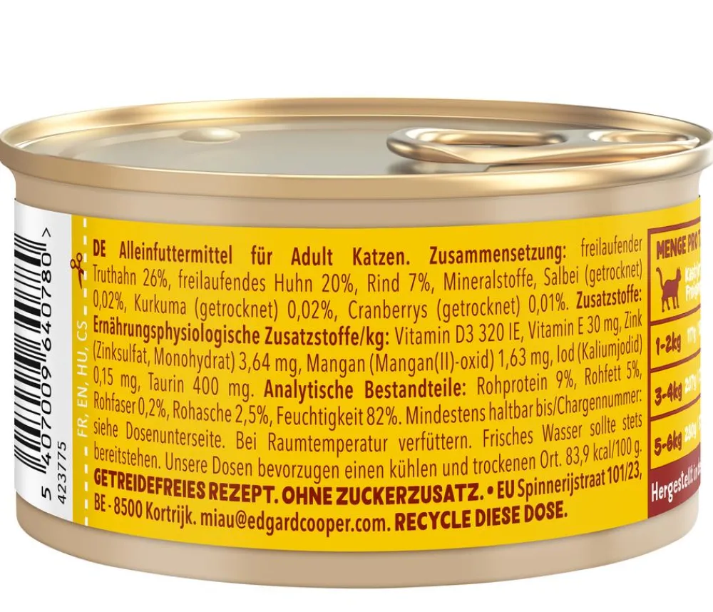 Edgard & Cooper® Nassfutter Katze - Edgard & Cooper Nassfutter für Katzen Freilauftruthahn & Freilaufhuhn Stückchen in Soße Adult, 18 x 85 g