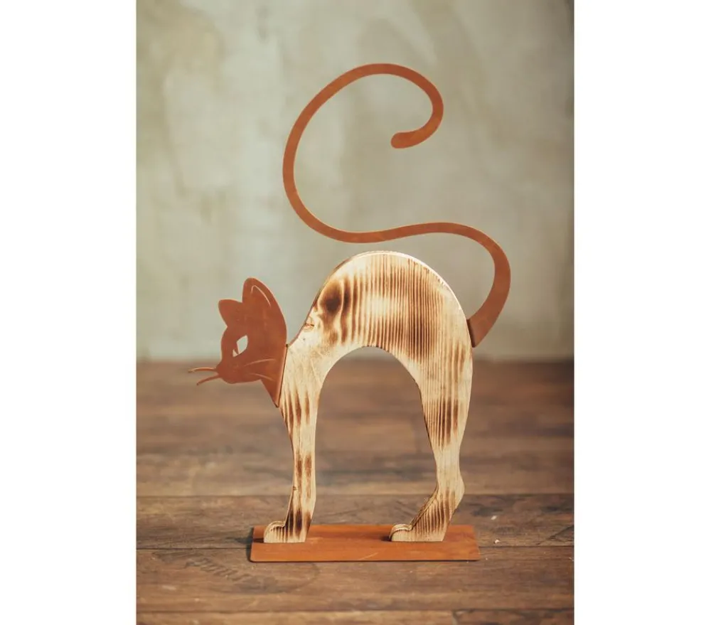 Ferrum Gartenzwerge & Gartenfiguren > buckelnde Holz-Katze mit Metall-Applikationen, ca. B32/H51 cm