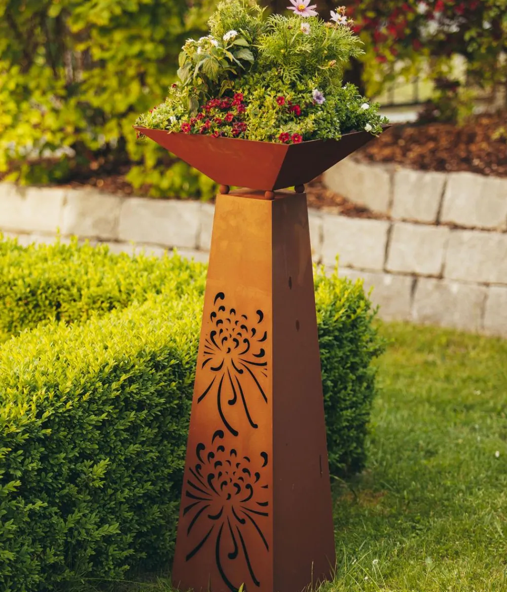 Ferrum Dekoartikel|Mehr Gartendekoration - Rost-Säule Trapez Strohblume Braun