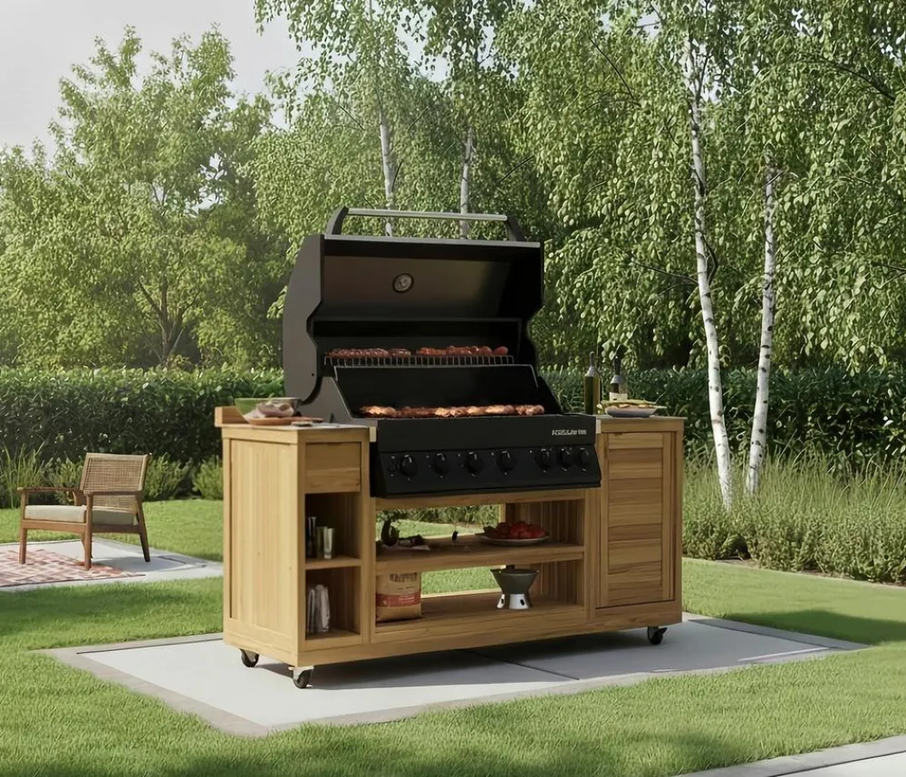 garbou Outdoor-Küchen - Outdoor-Küche Trolley mit Grill, ca. B171/H121/T62 cm Hellbraun
