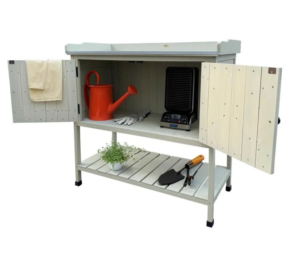 Habau Pflanztische - Holz-Pflanztisch mit Unterschrank und Ablage, , ca. B98/H97,5/T48 cm Grau