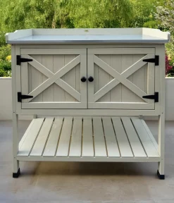Habau Pflanztische - Holz-Pflanztisch mit Unterschrank und Ablage, , ca. B98/H97,5/T48 cm Grau