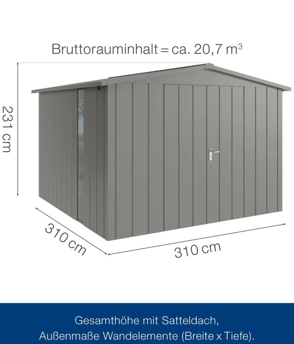 Hörmann Gartenhäuser & Gerätehäuser > Metallgerätehaus Juno JSD14 M-Sk Motiv Modern bodentiefes Fenster mit Doppeltür, ca. B333/H231/T325 cm