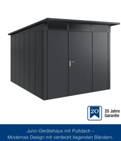 Hörmann Gartenhäuser & Gerätehäuser - Metallgerätehaus Juno JSD5 M-Sk Motiv Modern bodentiefes Fenster mit Doppeltür, ca. B237/H223/T229 cm Graualuminium