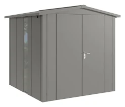 Hörmann Gartenhäuser & Gerätehäuser - Metallgerätehaus Juno JSD5 L-Sk Motiv Design bodentiefes Fenster mit Doppeltür, ca. B237/H223/T229 cm Graualuminium