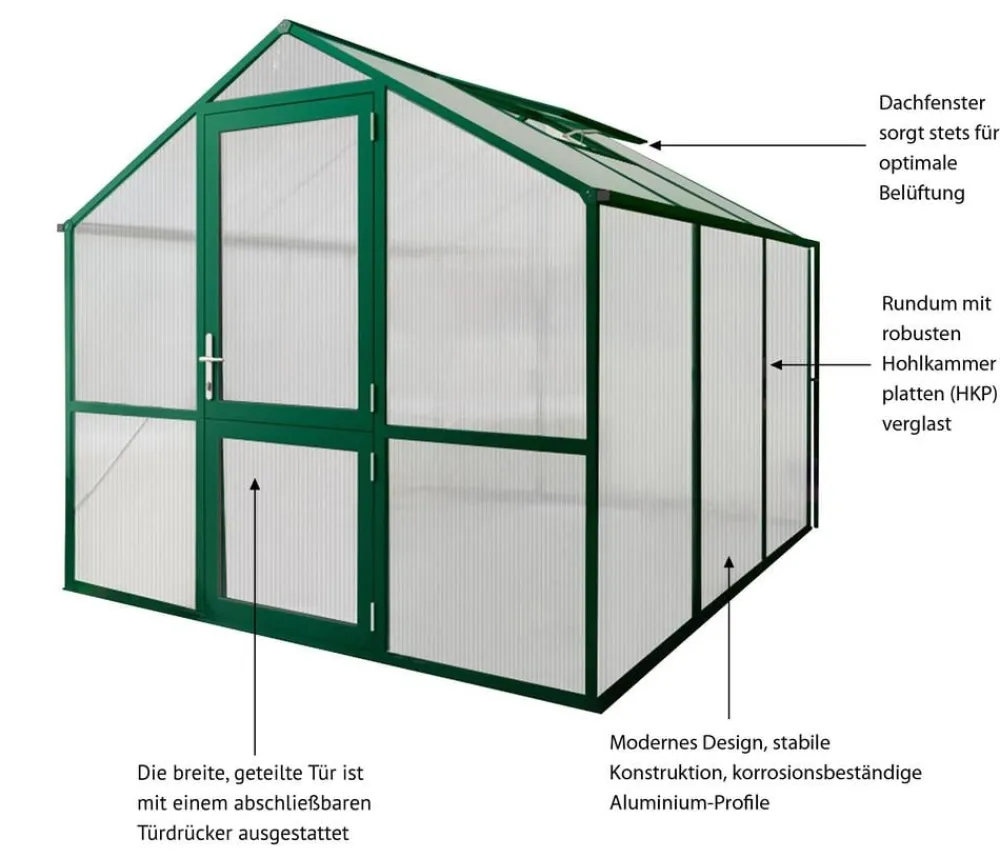 KGT Gewächshäuser - Gewächshaus Rose III, ca. B233/H215/T322 cm Dunkelgrün