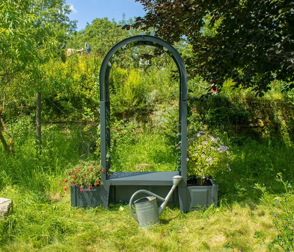 KHW Kunststoff-Gartenbank mit Rosenbogen Brüssel, ca. B174/H207/T49 cm Dunkelgrau Outlet