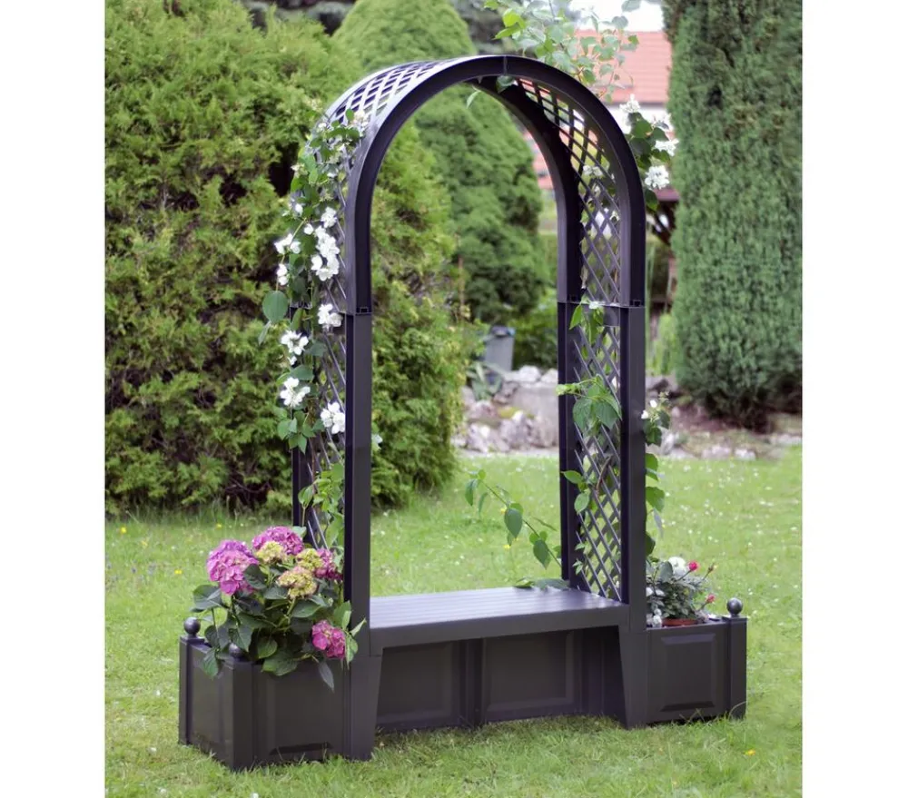 KHW Gartenbänke Kunststoff|Rosenbögen - Kunststoff-Gartenbank mit Rosenbogen Brüssel, ca. B174/H207/T49 cm Weiß