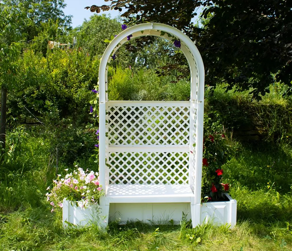 KHW Gartenbänke Kunststoff|Rosenbögen - Kunststoff-Gartenbank mit Rosenbogen Amsterdam, ca. B174/H207/T49 cm Weiß