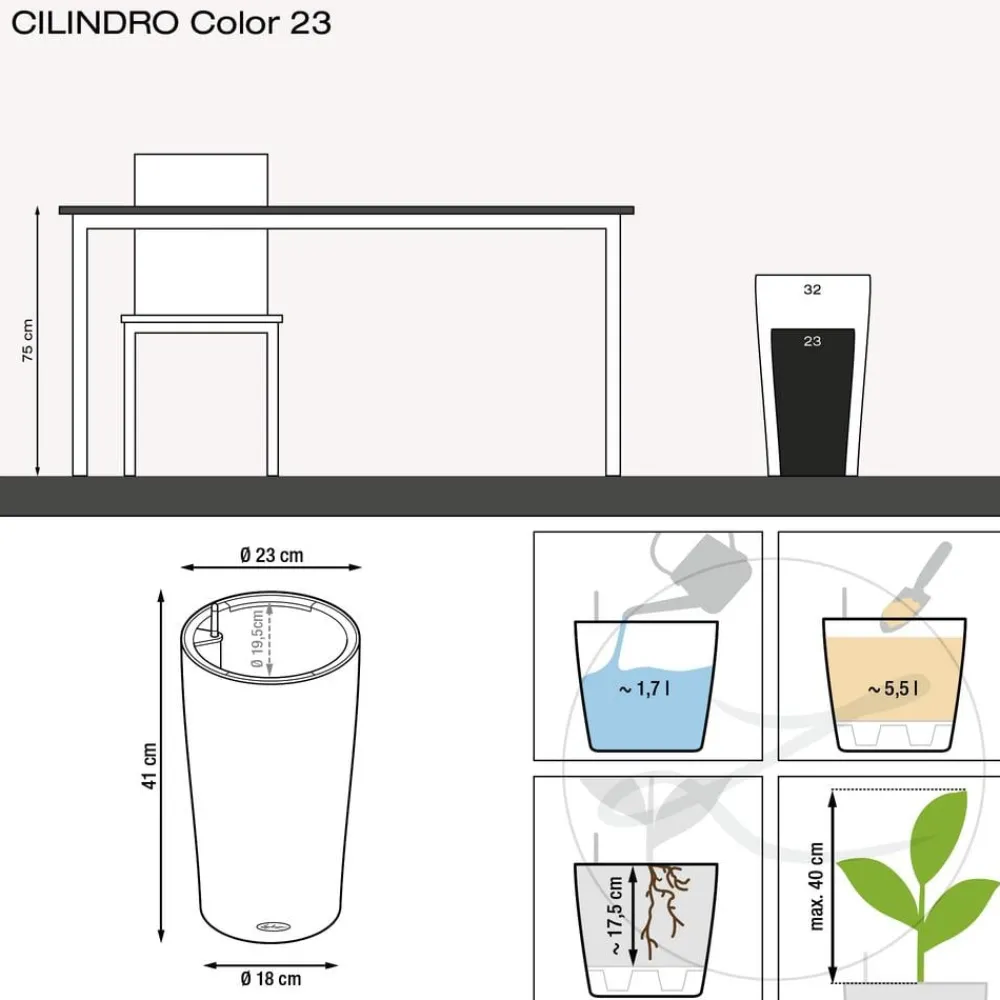 LECHUZA® Lechuza Tischgefäße|Lechuza Pflanzgefäße & Töpfe - CILINDRO Color, All-in-One Set Dunkelgrau