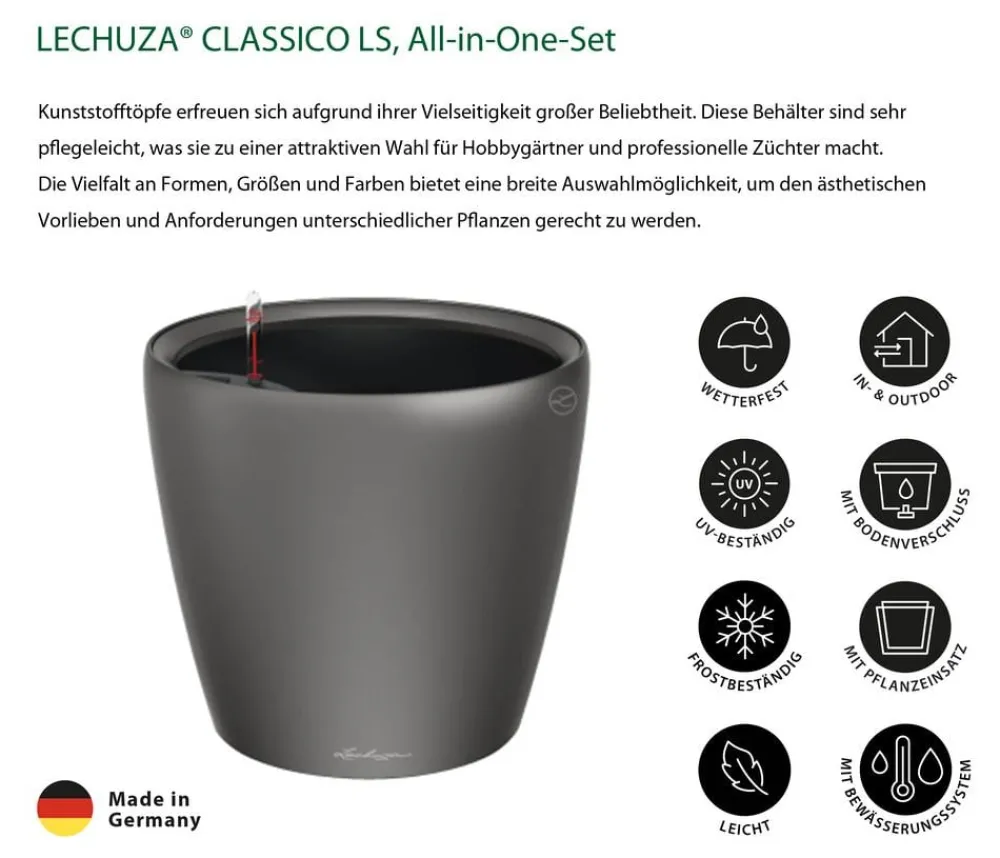 LECHUZA® Lechuza Pflanzgefäße & Töpfe|Lechuza Tischgefäße - CLASSICO LS, All-in-One-Set Dunkelgrau