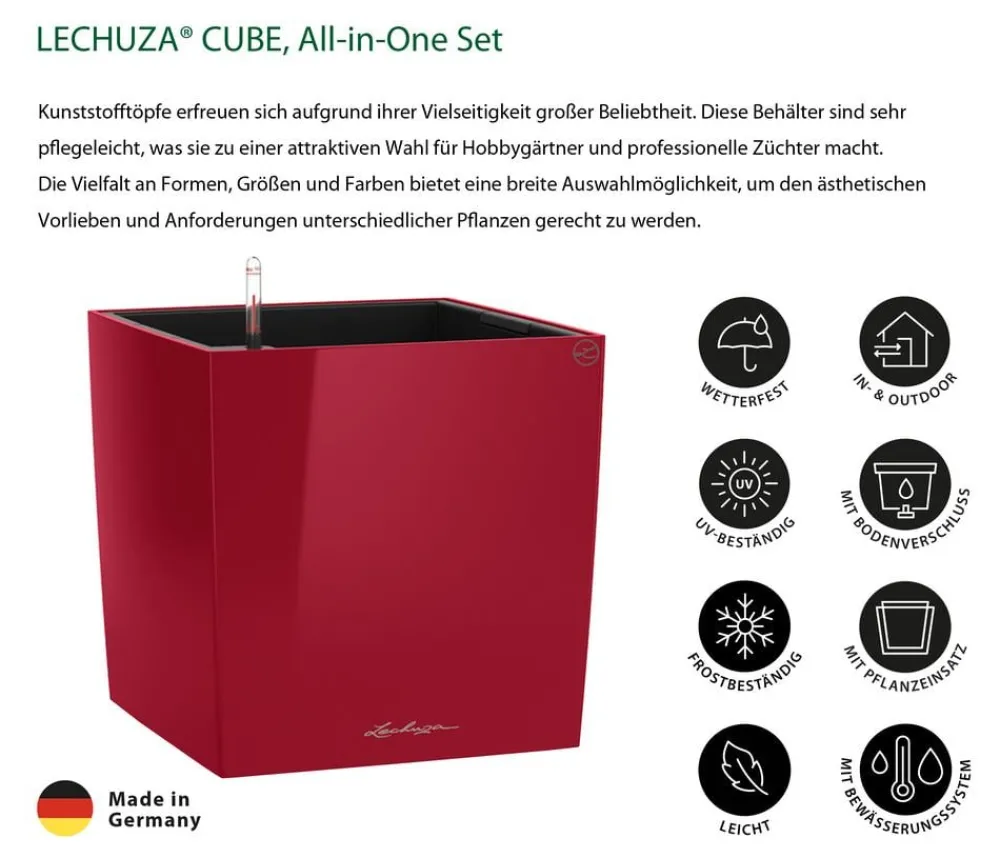 LECHUZA® Lechuza Tischgefäße|Lechuza Pflanzgefäße & Töpfe - CUBE, All-in-One Set Dunkelrot