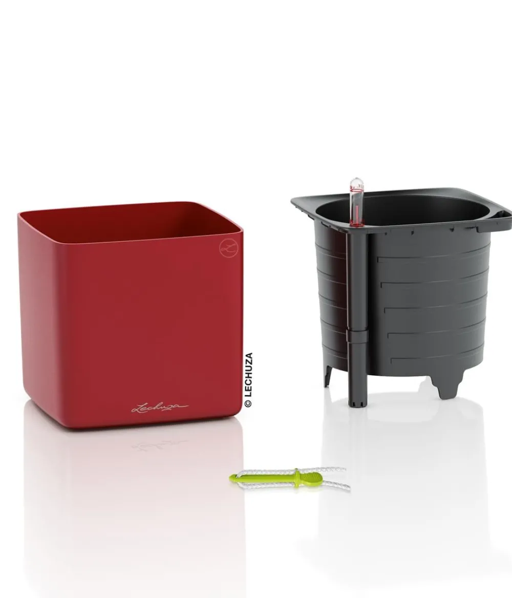 LECHUZA® Lechuza Tischgefäße|Lechuza Pflanzgefäße & Töpfe - CUBE Premium, All-in-One Set, matt Rot