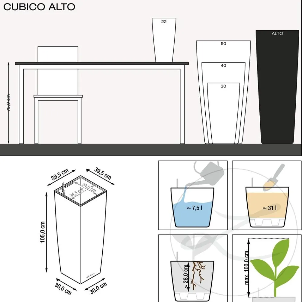 LECHUZA® Lechuza Pflanzgefäße & Töpfe - CUBICO ALTO, All-in-One-Set, ca. B40/H105/T40 cm Dunkelgrau