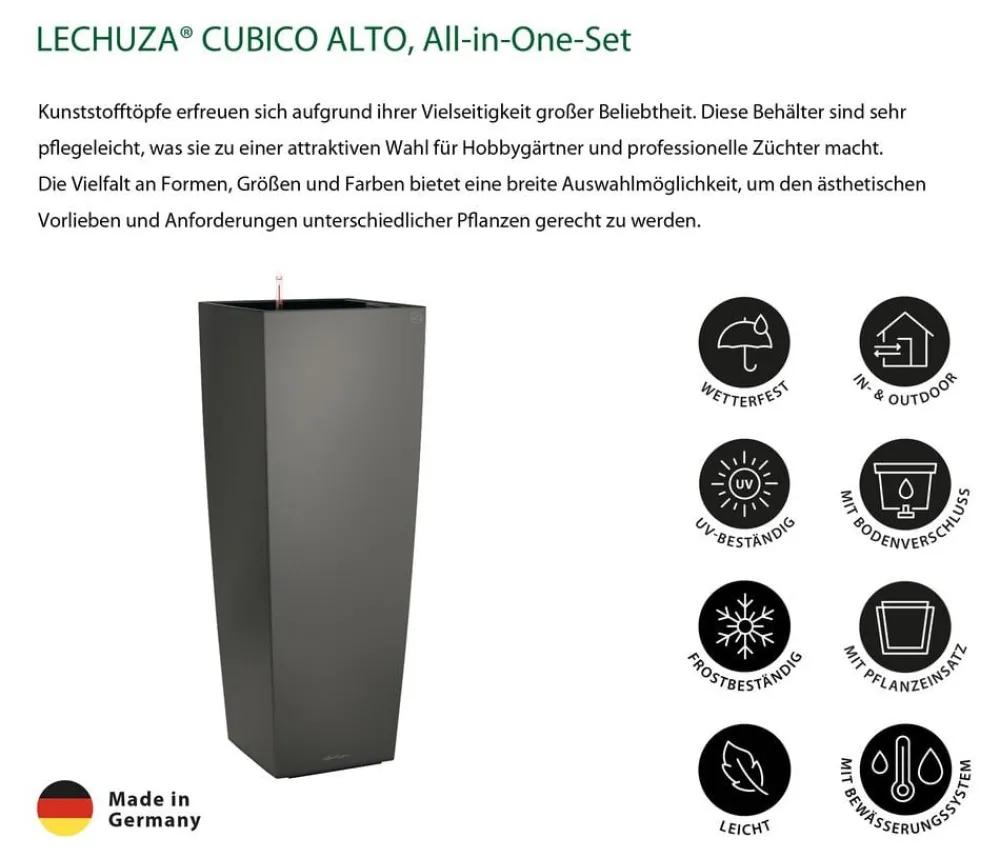 LECHUZA® Lechuza Pflanzgefäße & Töpfe - CUBICO ALTO, All-in-One-Set, ca. B40/H105/T40 cm Dunkelgrau