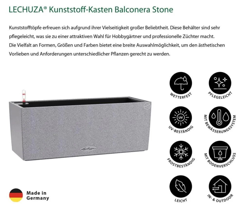 LECHUZA® Pflanzkübel & Blumenkästen|Lechuza Pflanzgefäße & Töpfe - Kunststoff-Kasten Balconera Stone, rechteckig Grau