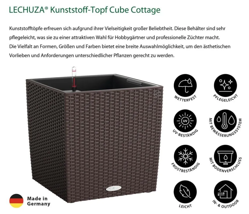 LECHUZA® Lechuza Pflanzgefäße & Töpfe|Blumentöpfe & Übertöpfe - Kunststoff-Topf Cube Cottage, quadratisch Dunkelbraun