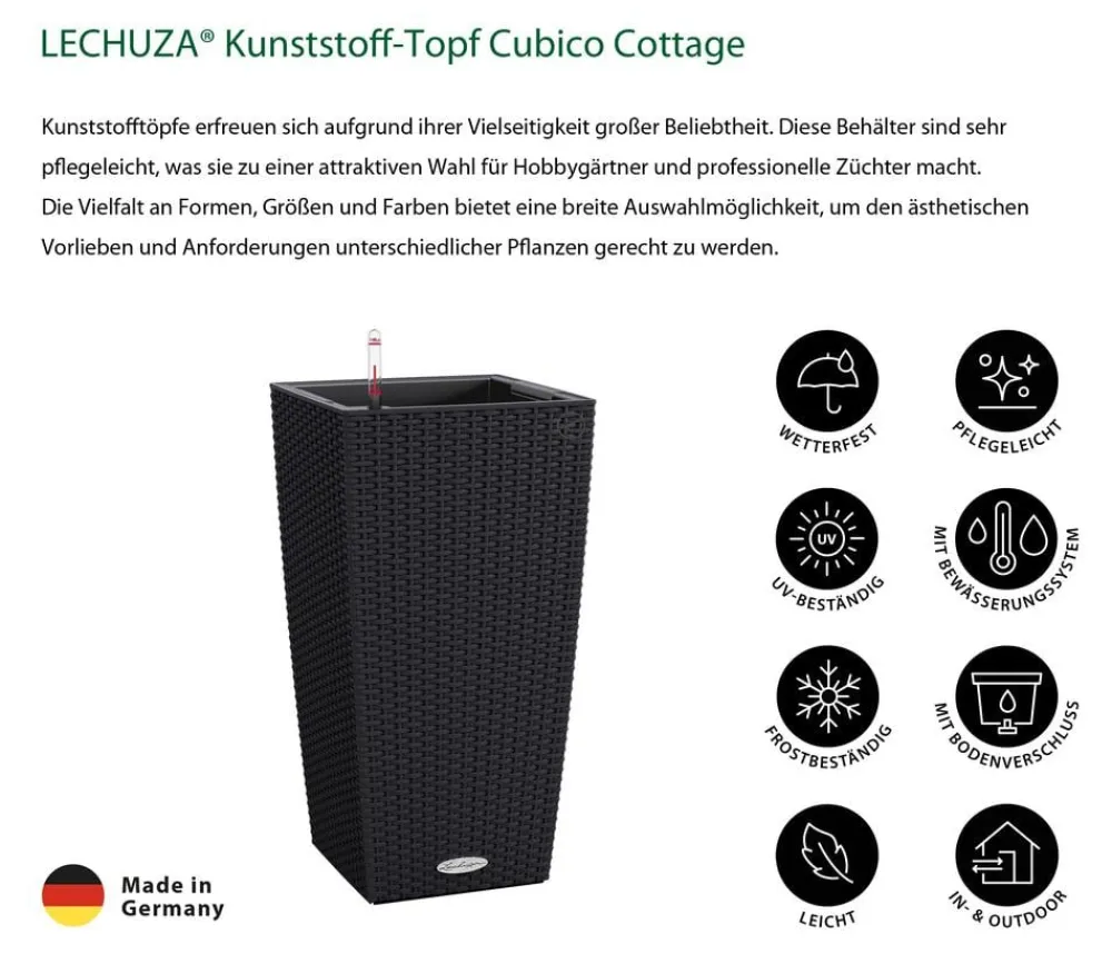 LECHUZA® Lechuza Pflanzgefäße & Töpfe|Blumentöpfe & Übertöpfe - Kunststoff-Topf Cubico Cottage, konisch Schwarz