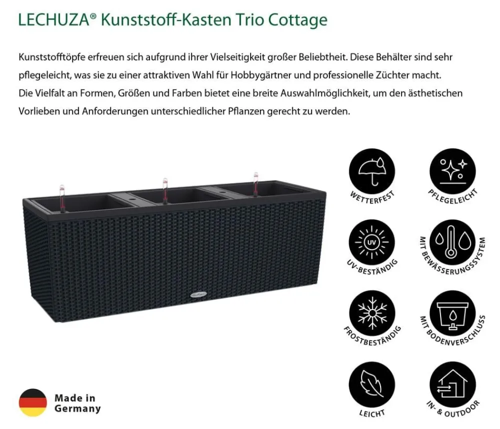 LECHUZA® Pflanzkübel & Blumenkästen|Lechuza Pflanzgefäße & Töpfe - Polyrattan-Kasten Trio Cottage, rechteckig Schwarz