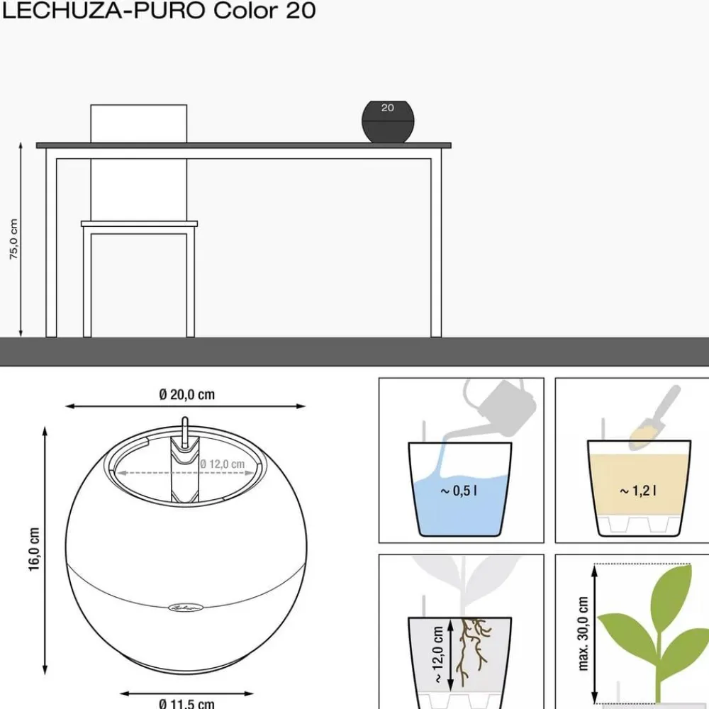 LECHUZA® Lechuza Pflanzgefäße & Töpfe|Lechuza Tischgefäße - PURO Color, All-in-One-Set, rund, ca. Ø20 cm Beige