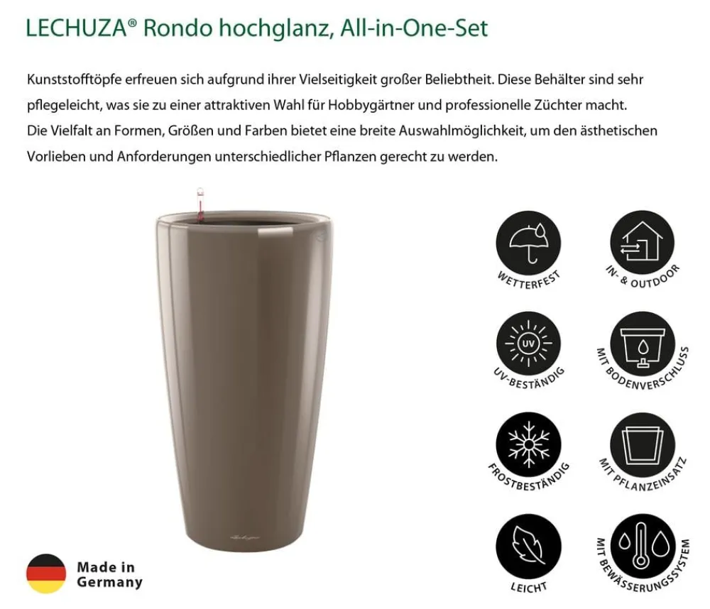 LECHUZA® Lechuza Pflanzgefäße & Töpfe|Blumentöpfe & Übertöpfe - Rondo hochglanz All-in-One-Set , 15784 Taupe