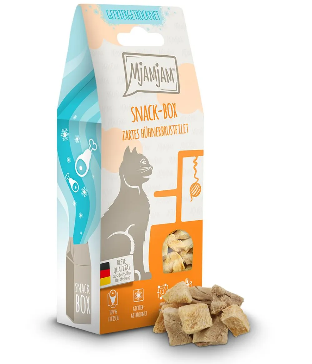 MjAMjAM® Katzenleckerlies & Getränke - Katzensnack Snackbox zartes Hühnerbrustfilet, Adult, 40 g