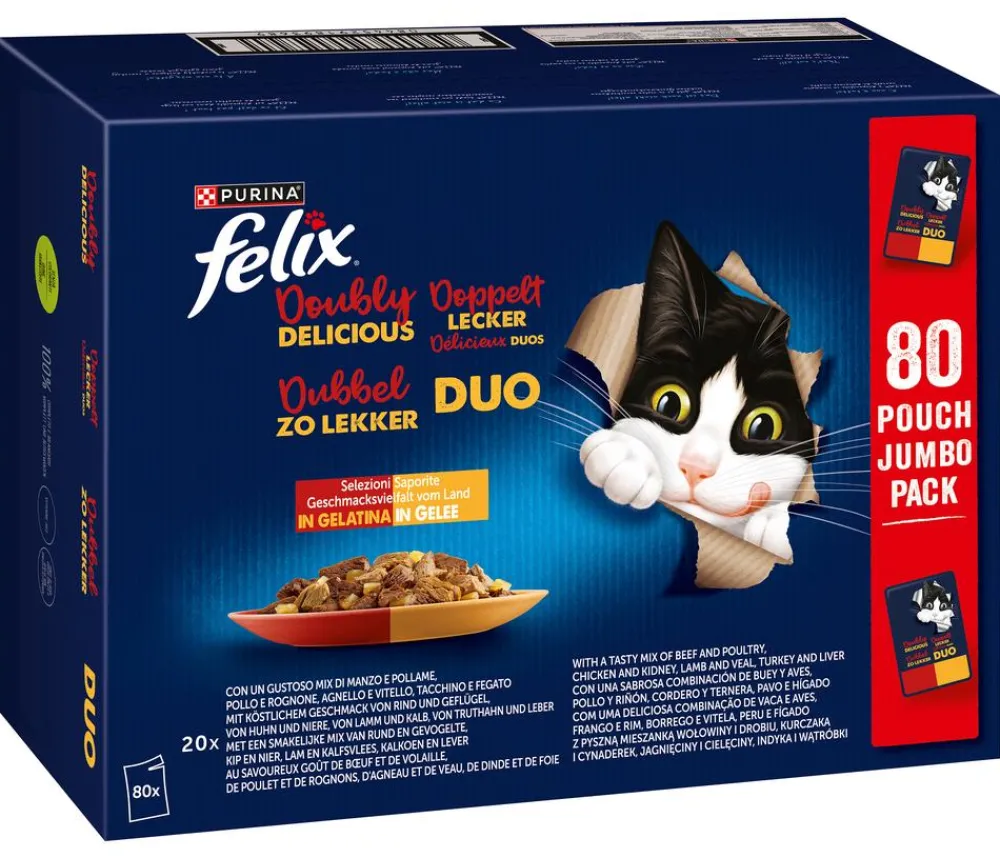 PURINA felix® Nassfutter Katze - Nassfutter für Katzen Doppelt Lecker Geschmacksvielfalt vom Land in Gelee, 80 x 85 g