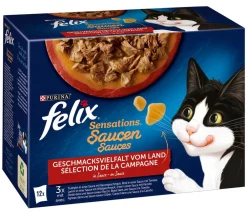 PURINA felix® Nassfutter Katze - Nassfutter für Katzen Sensations Saucen Geschmacksvielfalt vom Land, 12 x 85 g
