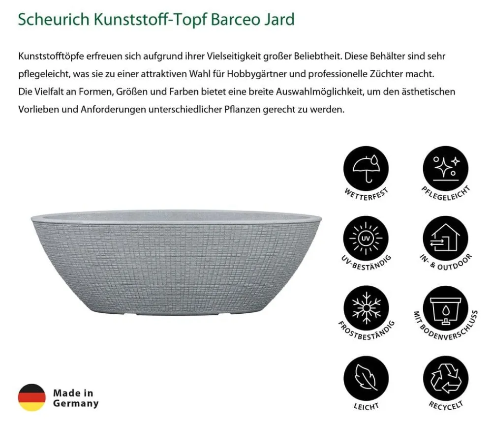 Scheurich Blumentöpfe & Übertöpfe - Kunststoff-Topf Barceo Jard, oval, ca. Ø58,6/H19,5 cm Grau