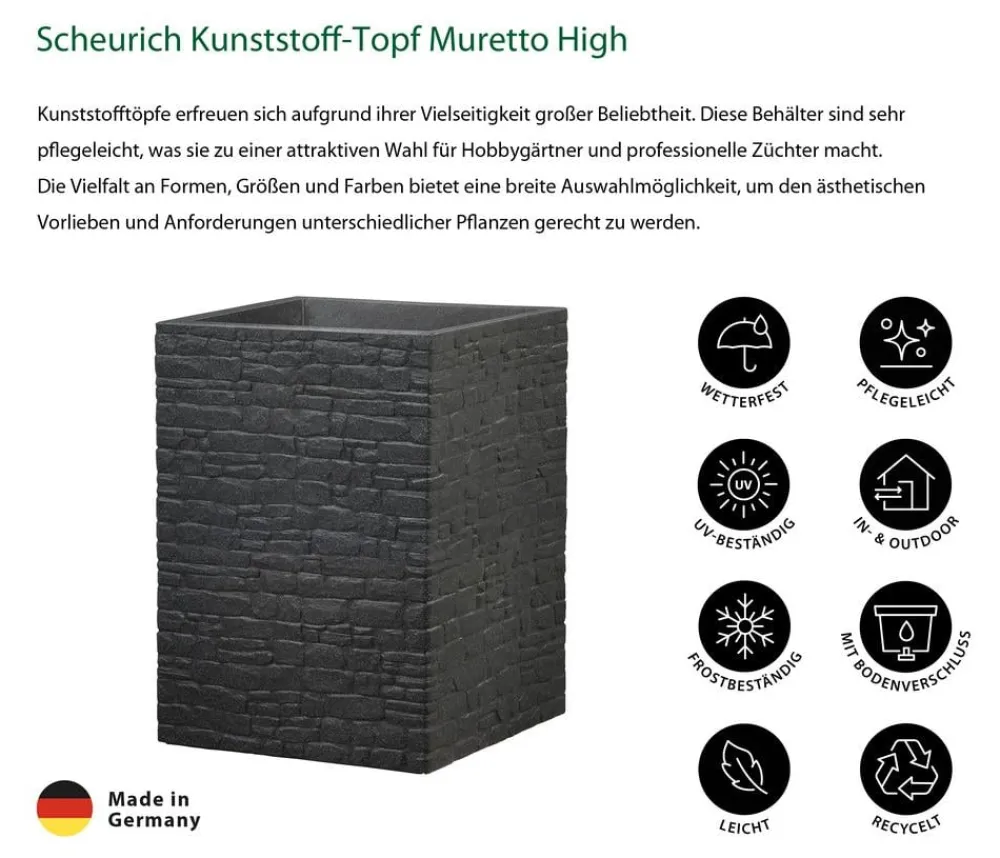 Scheurich Vasen|Blumentöpfe & Übertöpfe - Kunststoff-Topf Muretto High, quadratisch Schwarz